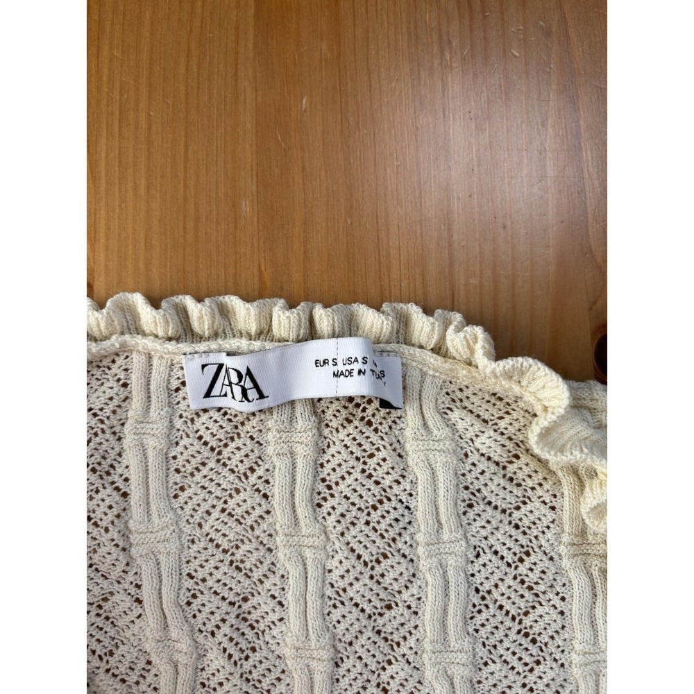 Women's ZARA Cream Pointelle Knit Ruffle Sleeve Top Size S - Picture 3 of 3